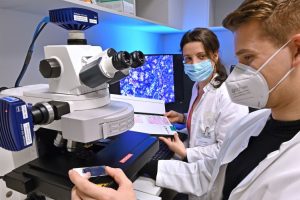 PD Dr. Ivonne Löffler und Eric Jankowski (r.) untersuchen Gewebeproben am Mikroskop. Foto: Michael Szabó/UKJ