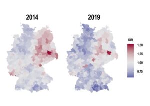Räumlich-zeitliche Trends im alters- und geschlechtsadjustierten Typ-2-Diabetes-Inzidenzratenverhältnis („standardized incidence ratio“, SIR) in Deutschland zwischen 2014 und 2019. Illustration: Deutsches Ärzteblatt