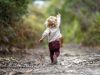 toddler hiking in the forest on a path. kids walking in the forest