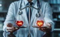 Medical professional balances two glowing hearts with heartbeat lines on scales, symbolizing choices, care, and balance in cardiology and healthcare.