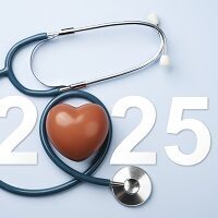 2025 Happy New Year for health care.heart health, health insurance concept, new year resolutions goal. yearly health checks and healthy trend. Red heart and stethoscope on blue background