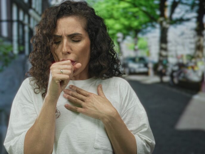 Frau auf der Straße muss husten