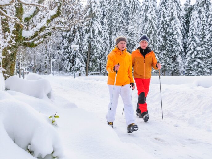 Zwei Menschen walken im Schnee.
