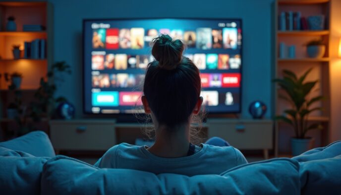 Frau sitzt vor Fernseher, gezeigt beim Binge-Watching