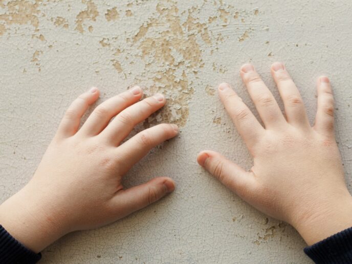 Kinderhände vor Wand, an der die Farbe verschwindet