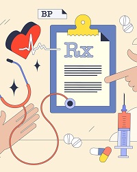 Medical abbreviation for prescription writing tiny neubrutalism hands concept