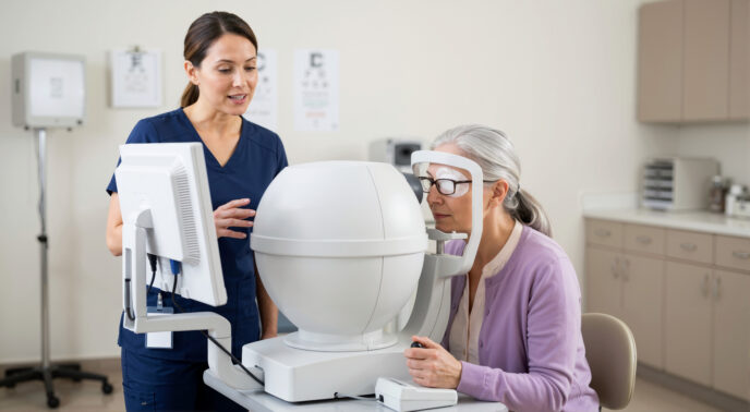 Eine ältere Patientin sitzt vor einem Gerät zur Gesichtsfelduntersuchung. Ihr linkes Auge ist angeklebt. Neben ihr steht eine blau gekleidete medizinische Fachangestellte, die ihr den Untersuchungsablauf erklärt