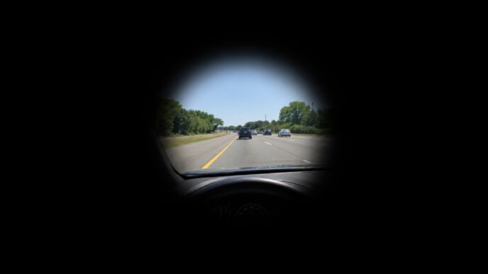 KI-generiertes Bild von einer konzentrischen Gesichtsfeldeinengung mit Tunnelblick Blick auf eine Straße mit mehreren Autos voraus.