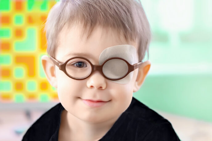 Portrait eines kleinen Junge mit dunkler Brille und mit Okklusionspflaster angeklebtem linken